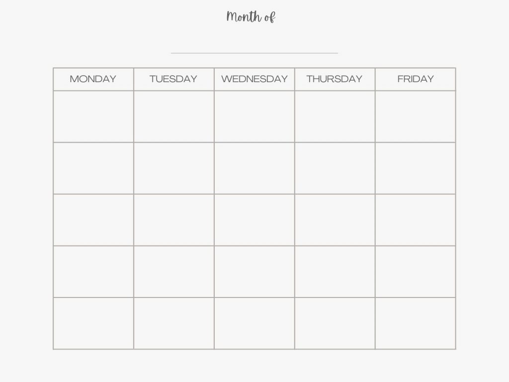 blank monthly calendar printout for monday through friday