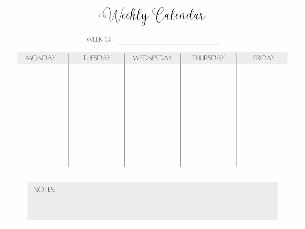 weekly calendar printout for monday through friday printed horizontally