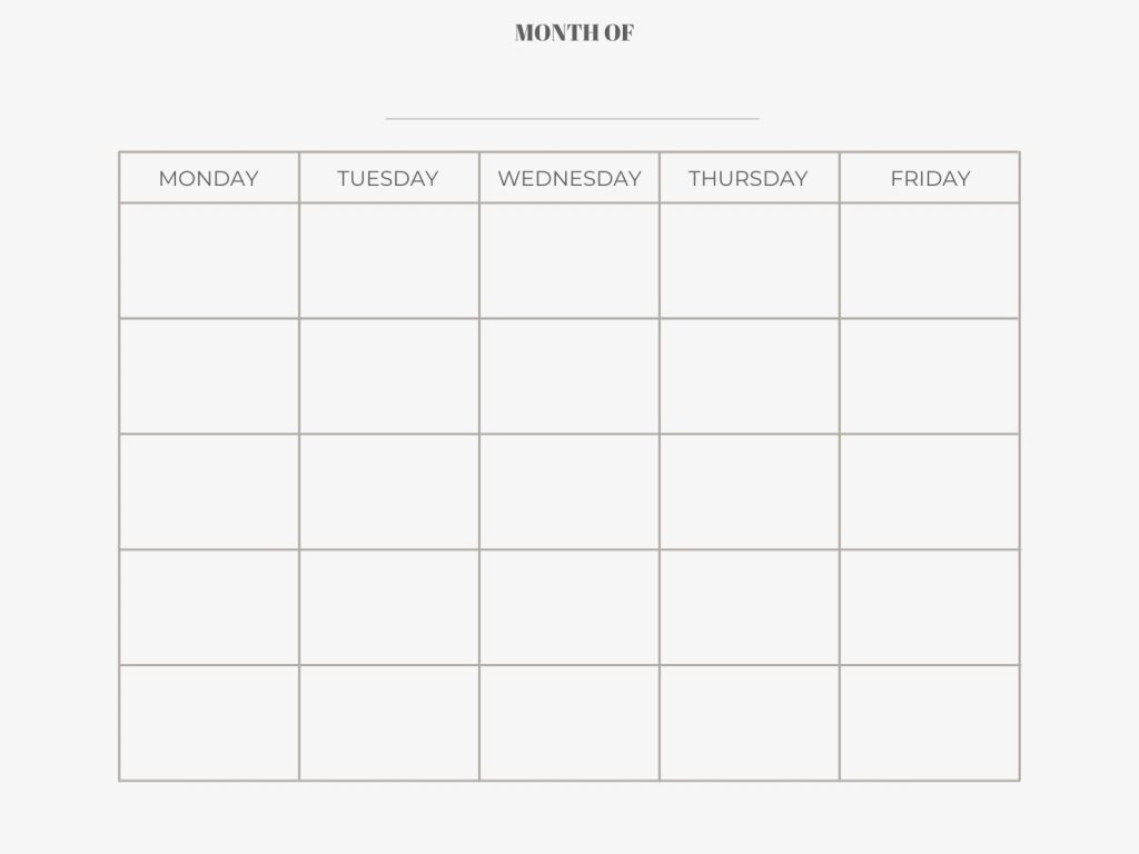 blank monthly calendar printout for monday through friday