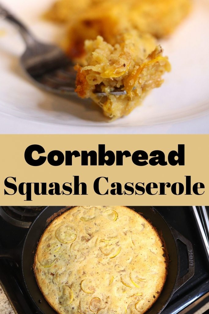 cooked squash and cornbread casserole on a fork and cooked squash cornbread casserole in a cast iron skillet with the words cornbread squash casserole typed on it