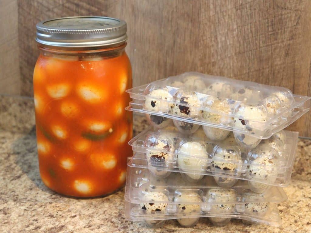 eggs in a red brine in a mason jar sitting next to 3 cartons of quail eggs