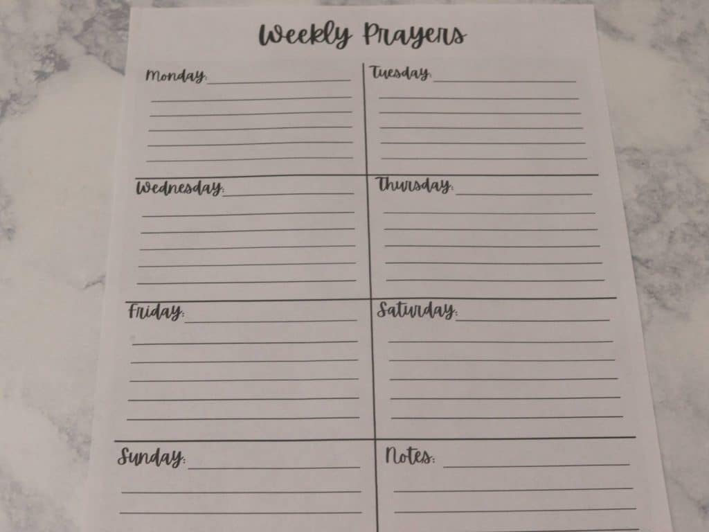 page of weekly prayers with days of the week for DIY prayer journal
