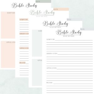 4 SOAP bible study method worksheets on watercolor background