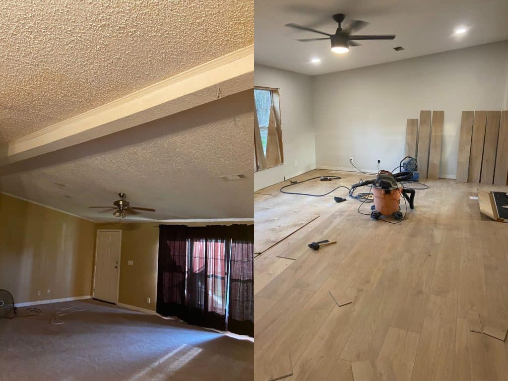 before and after photo of remodeled mobile home living room