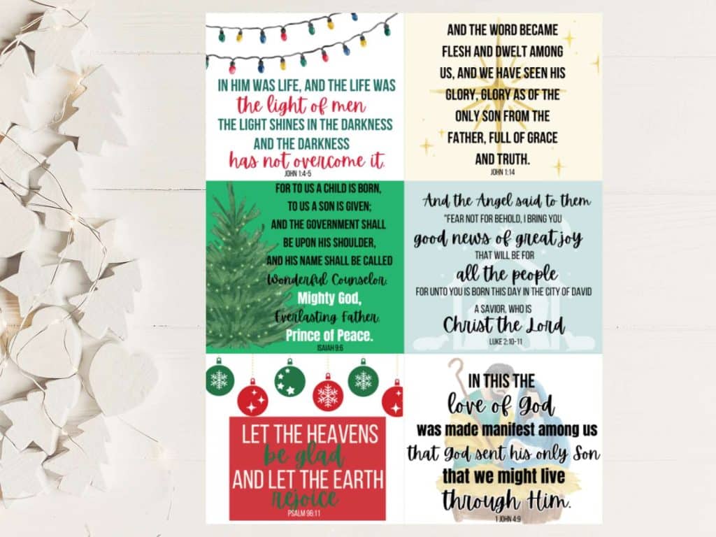 printable Christmas verse cards for kids on white background with christmas ornaments next to it