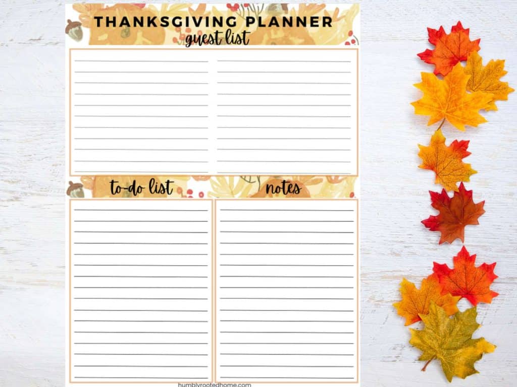 free printable thanksgiving guest list, to-do list, and notes on white background with fall leaves