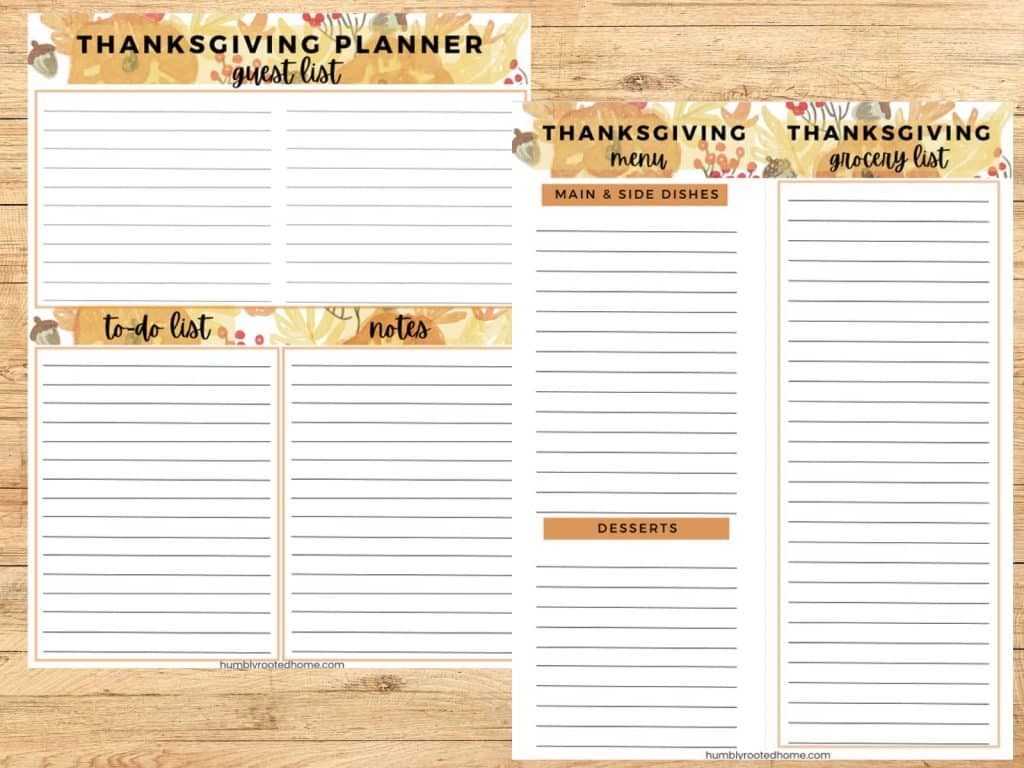 free Thanksgiving meal planner printable on wooden background