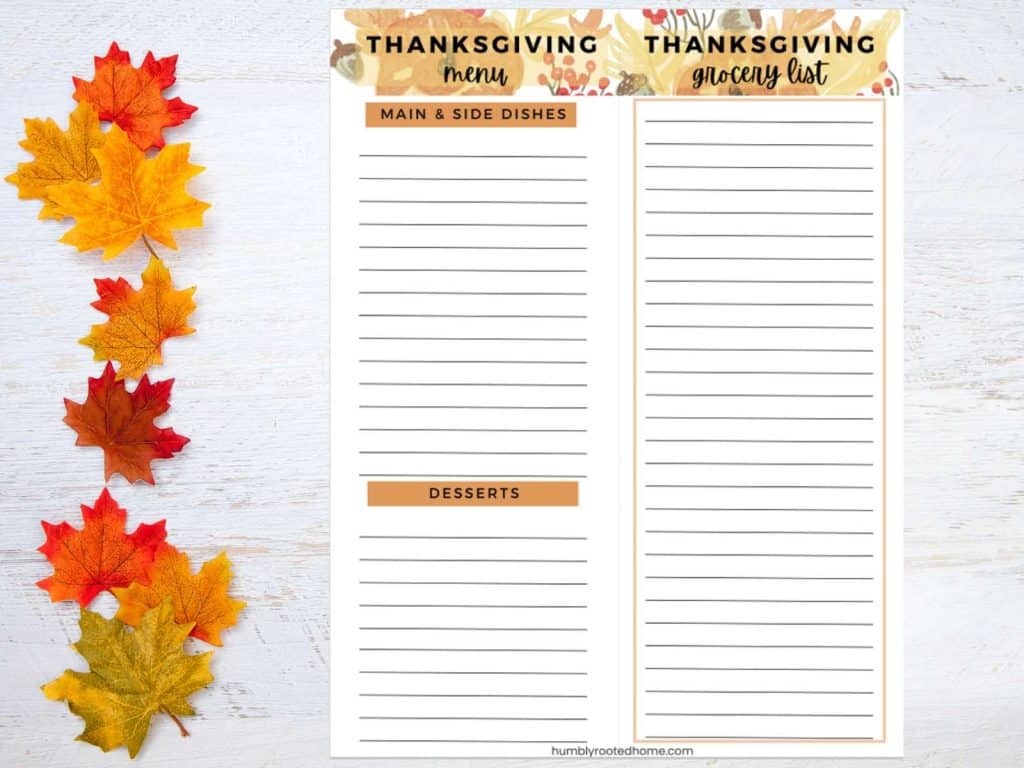 free printable thanksgiving menu with grocery list on white background with fall leaves