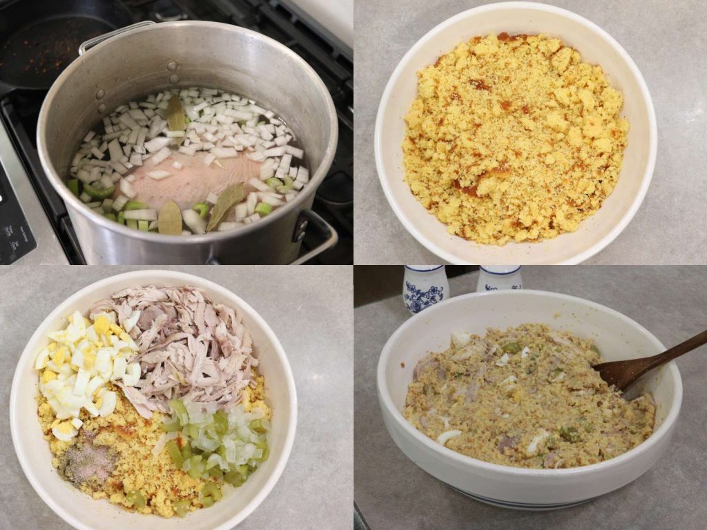 collage showing how to make jiffy cornbread dressing