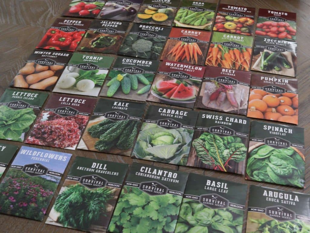 30 seed packages from Survival Garden Seeds laying on kitchen table