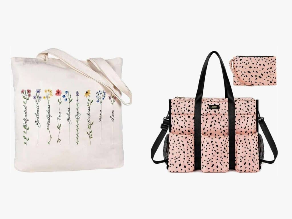 canvas tote with floral design and pink tote with black spots