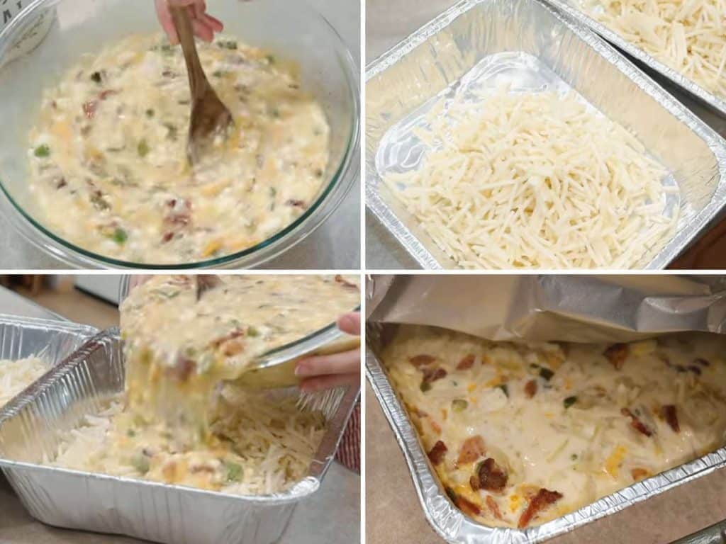 4 photo grid showing steps for assembling casserole