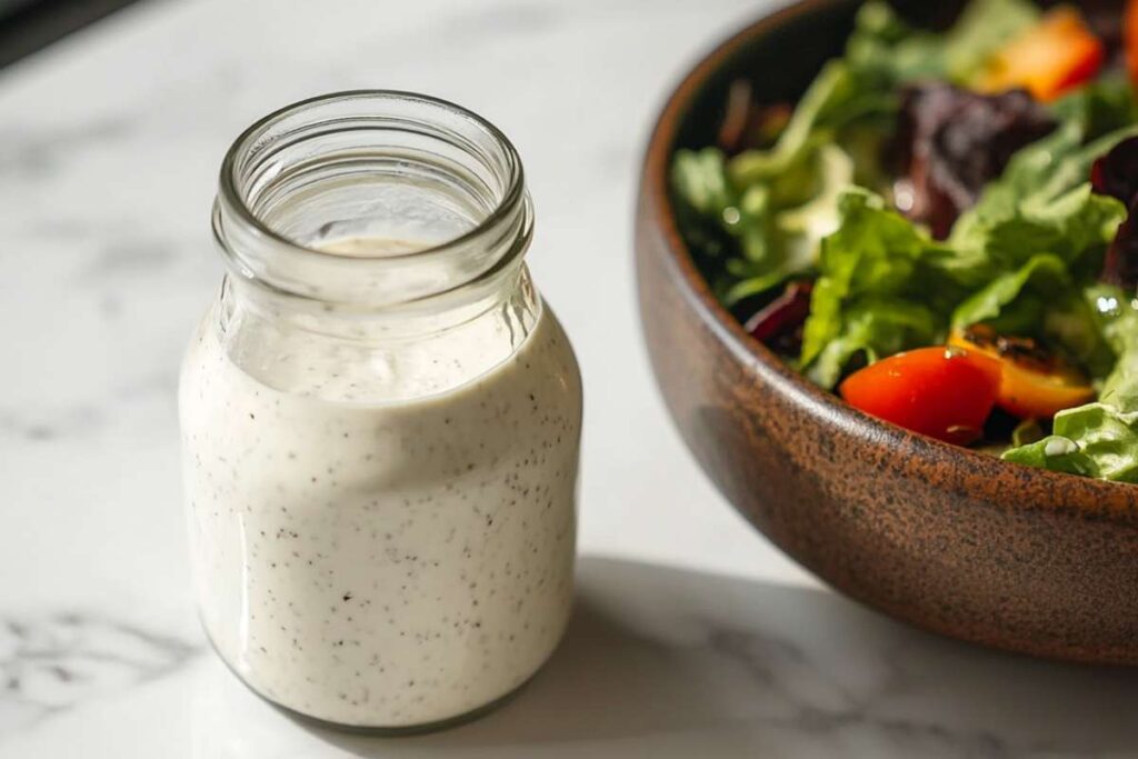 bottle of homemade ranch dressing sitting next to a bowl of salad