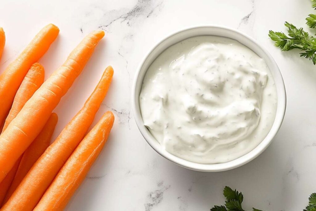 small white bowl with homemade ranch dip sitting on marble counter next to carrots