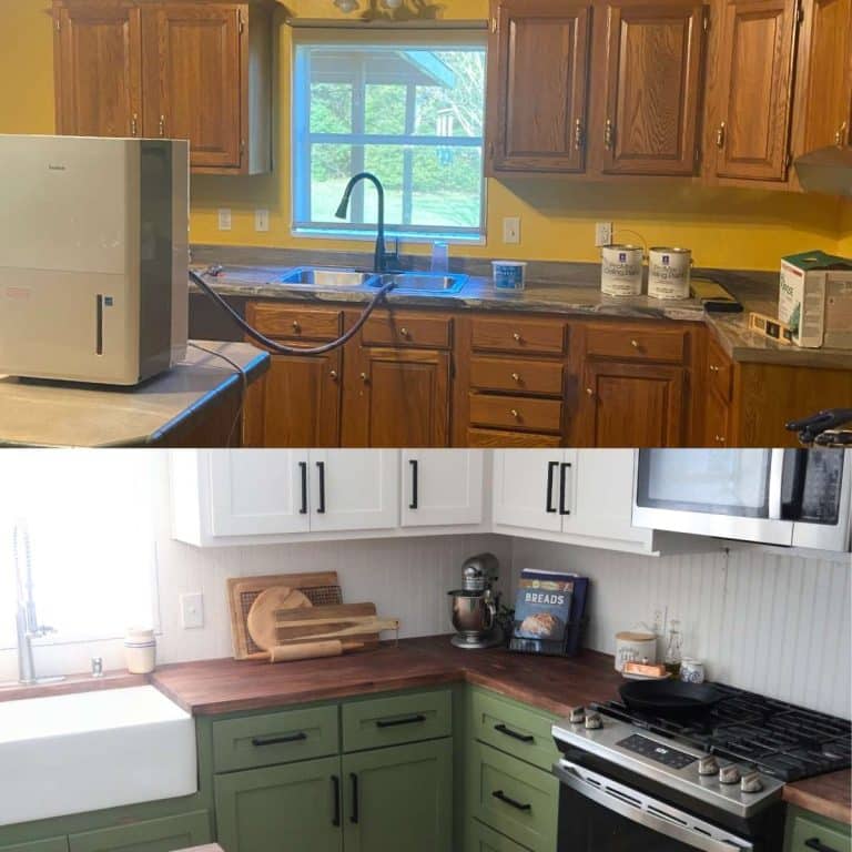 before and after photo of mobile home kitchen remodel