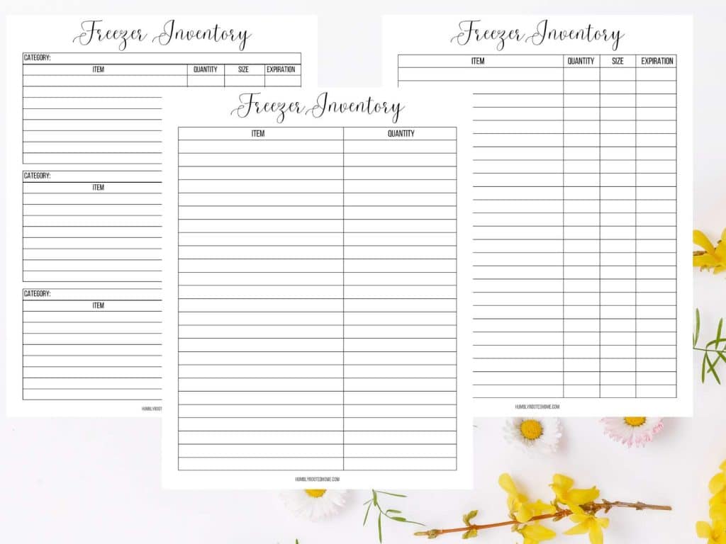 freezer inventory pages sitting on white counter with yellow flowers