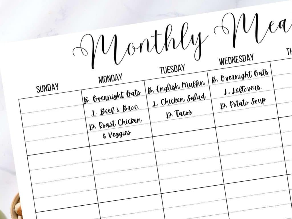 up-close view of monthly menu calendar