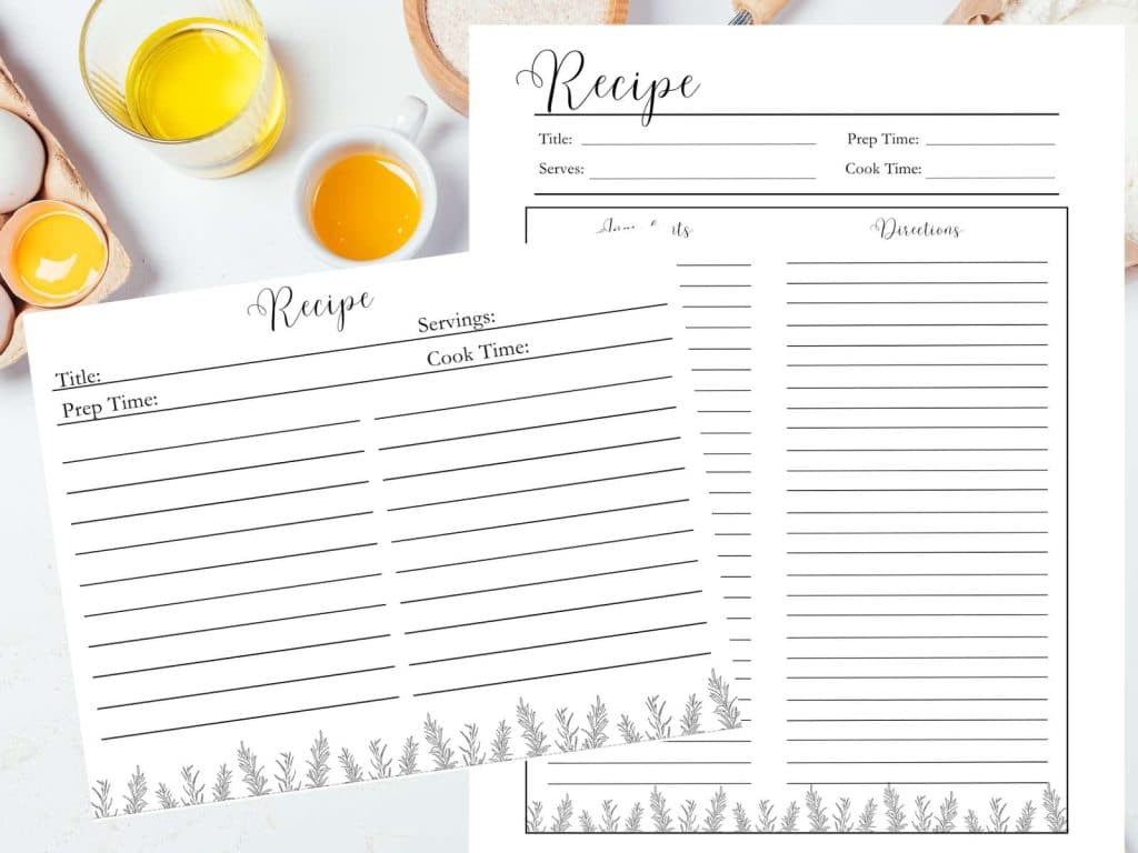 printable recipe cards sitting in front of baking ingredients