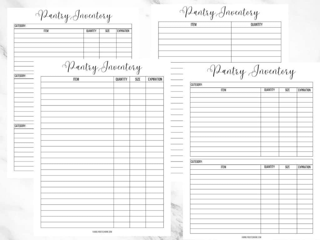 4 pantry inventory pages laying on white marble background