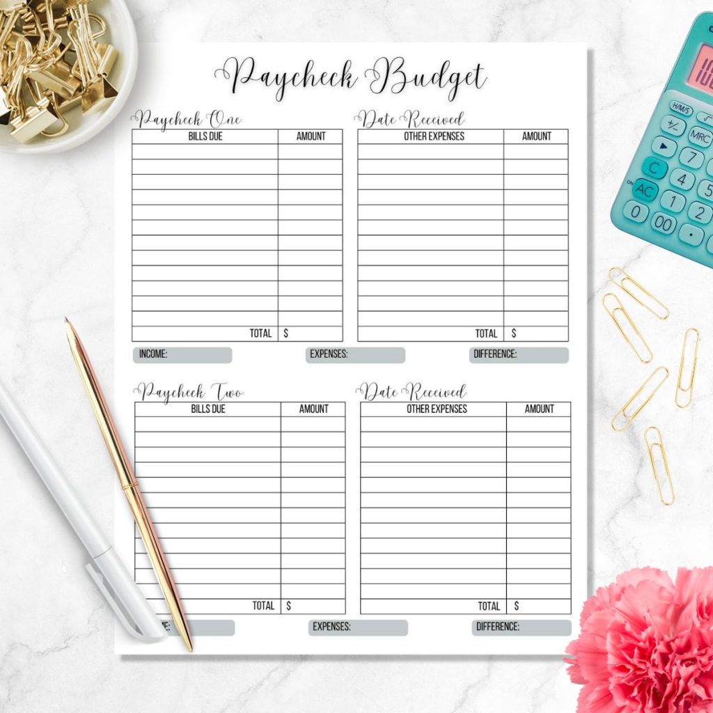 bi-weekly paycheck budget printable on  marble counter with office supplies