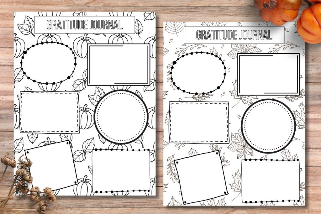 gratitude journal pages for kids sitting on wood table with pumpkins and autumn floral