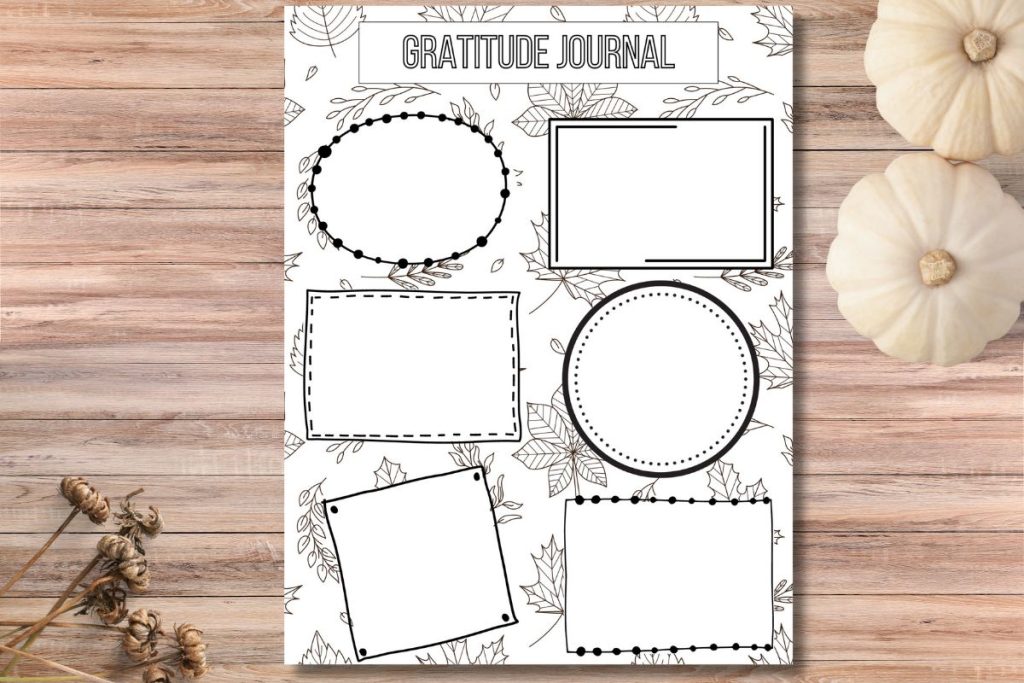 printable with 6 frames to draw what you're thankful for on wooden table with white pumpkins and fall floral