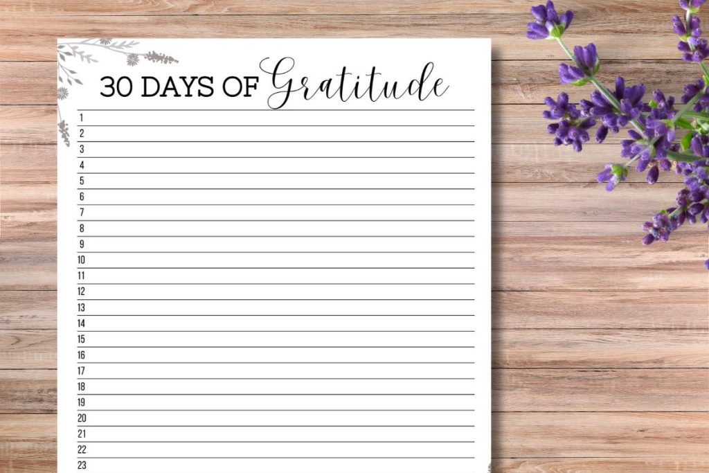 30 days of gratitude printables on wooden background with purple flowers