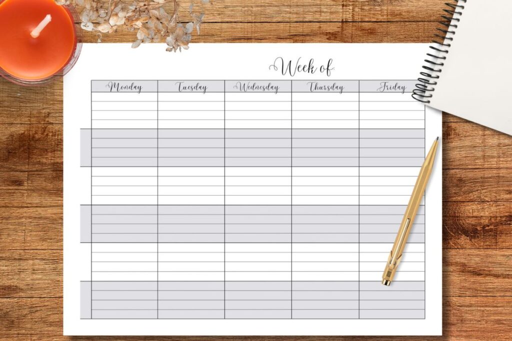 PRINTABLE WEEKLY HOMESCHOOL PLANNER PAGE ON WOODEN TABLE