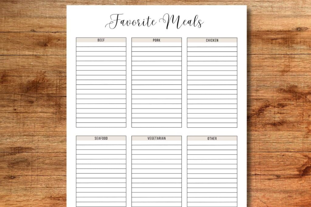 printable planner page for favorite meals on wooden table