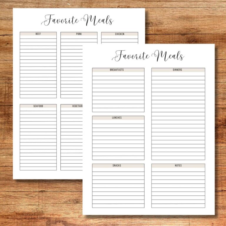 printable favorite meals planner pages sitting on wooden counter