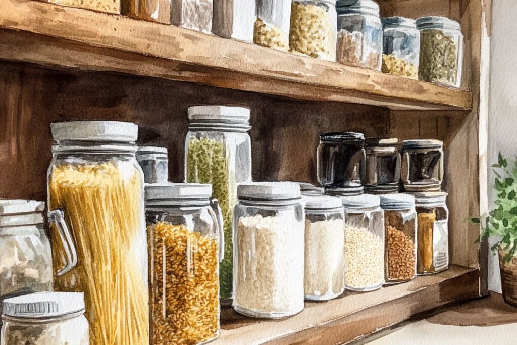 watercolor painting of dry goods in glass jars on pantry shelf