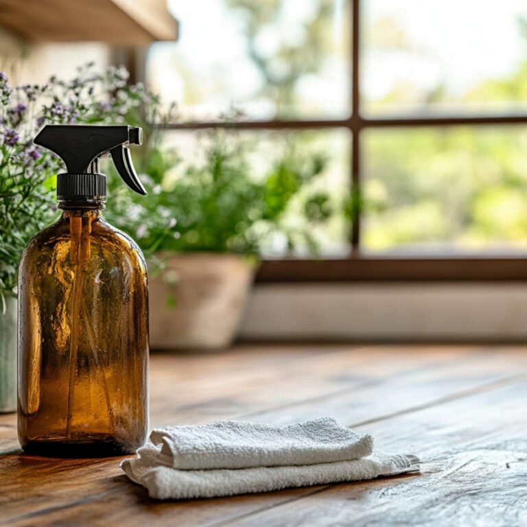 glass spray bottle with cleaning rag sitting on wood surface