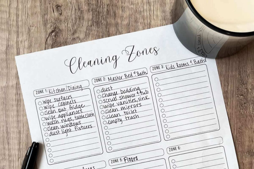 printed zone cleaning chart sitting on a wooden background