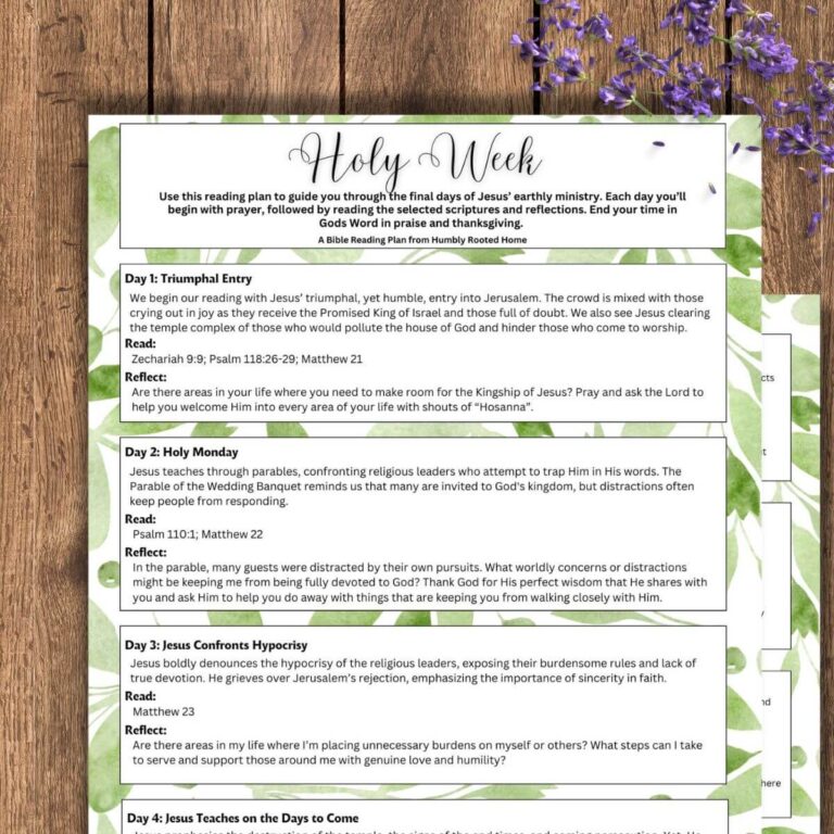 printed pages of a holy week bible reading plan sitting on a wooden background