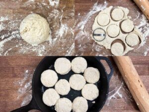 buttermilk biscuit dough being cut out into circles and placed in a cast iron skillet