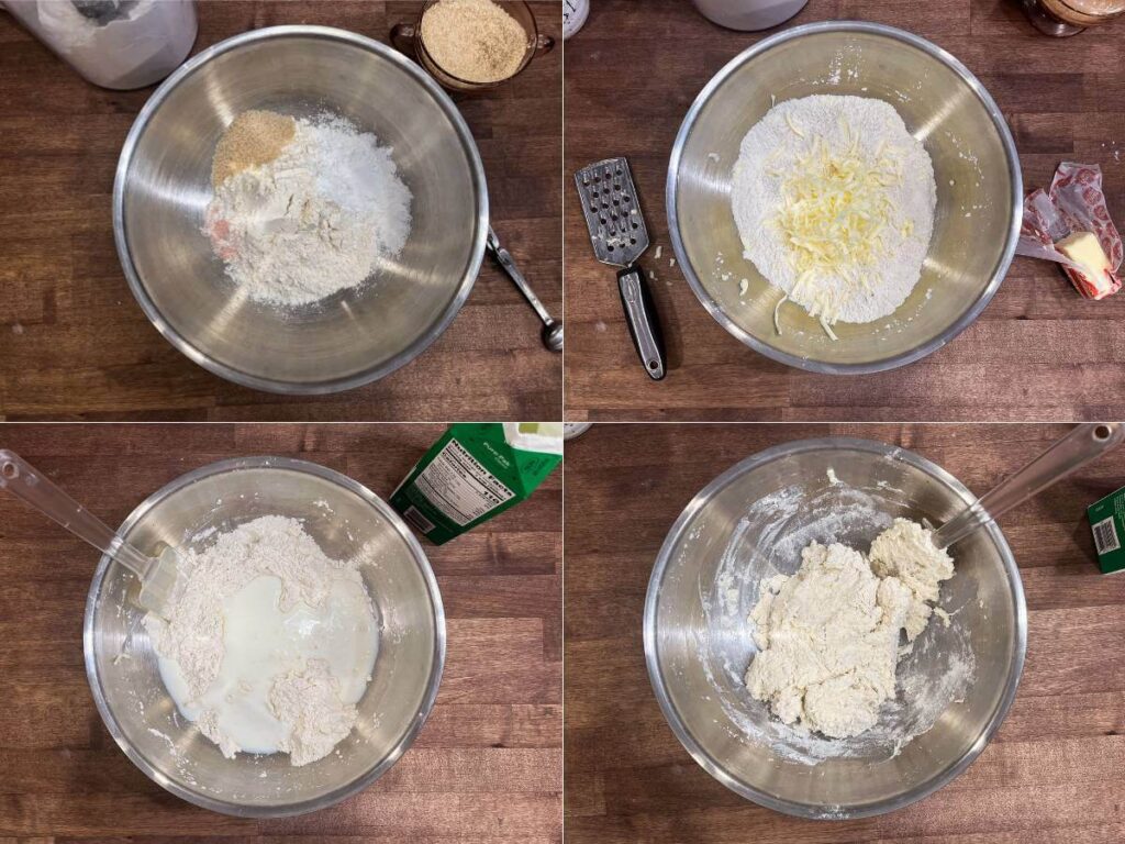 collage of four photos showing steps to make buttermilk biscuits