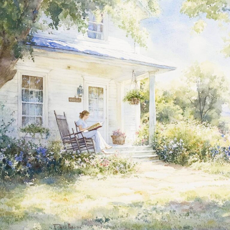 watercolor image of a woman sitting on the front porch of a white house