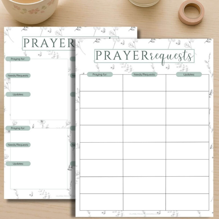 printable prayer tracking logs on a wooden desk