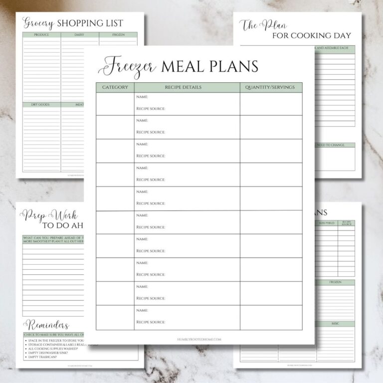 printable guide for planning a freezer meal prep day sitting on a marble counter