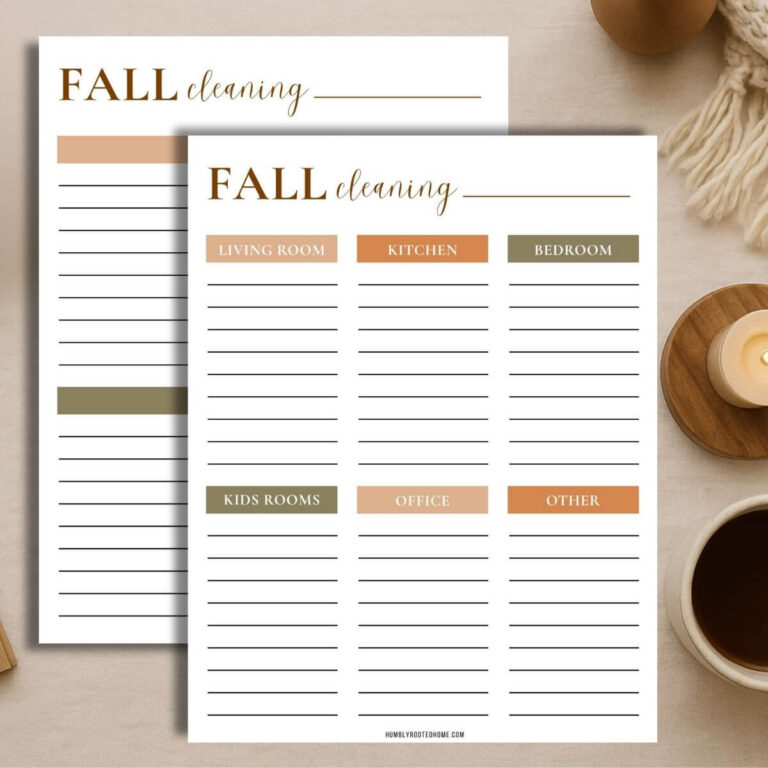 printable cleaning checklist with autumn color scheme sitting on wooden desk