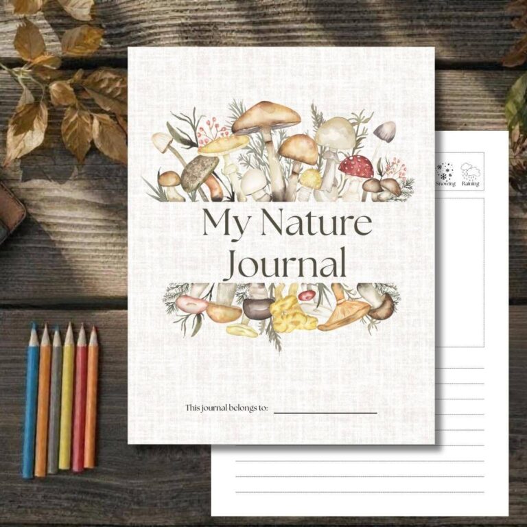 nature journal printable sitting on wooden table with colored pencils