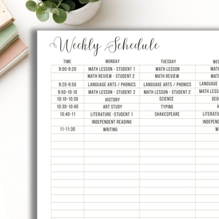 weekly homeschool schedule on white desk