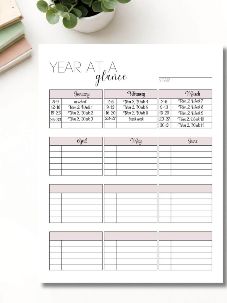 year at a glance homeschool printable on white desk